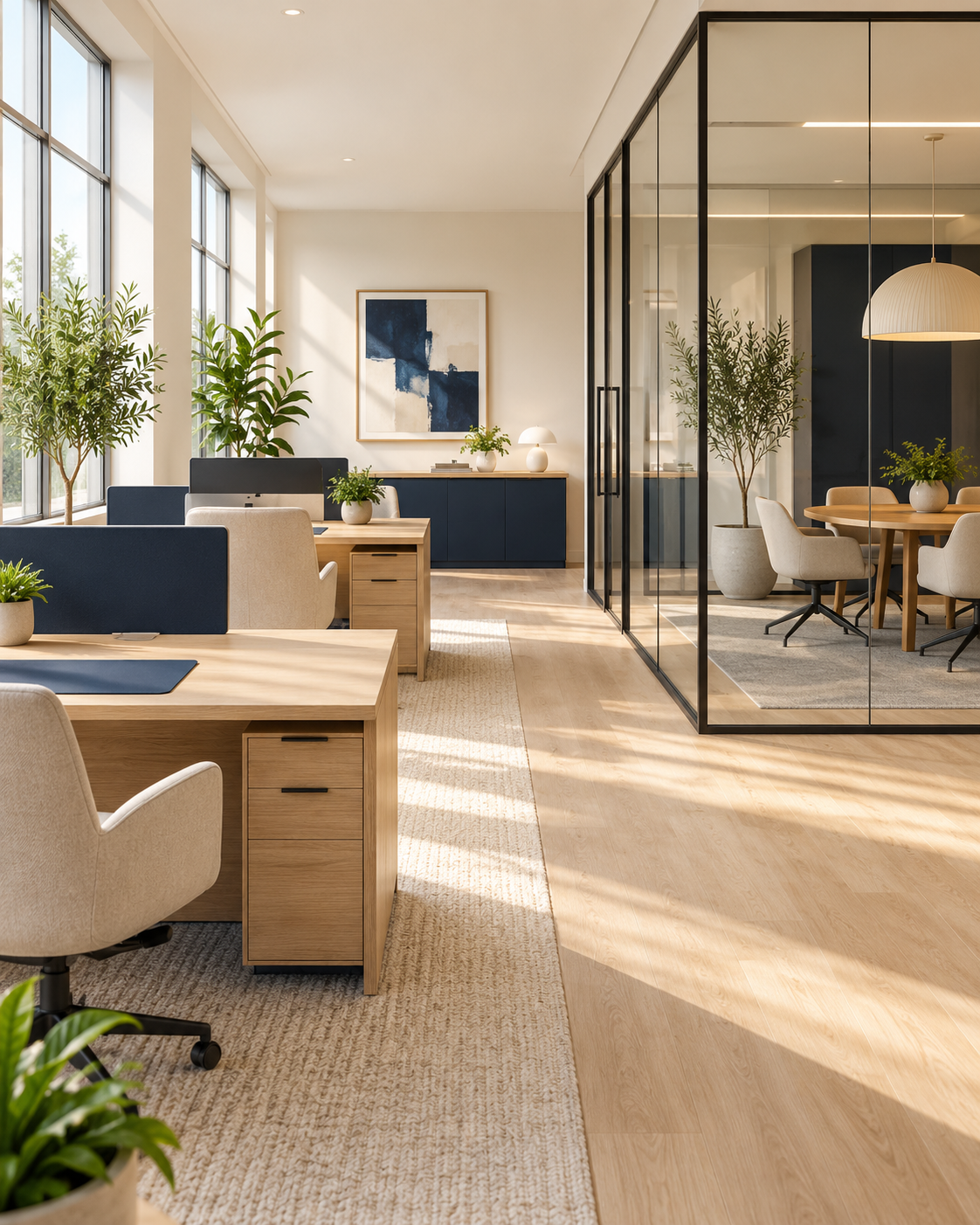 A bright, tidy office with oak desks, natural light, and green plants